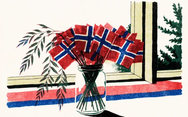Illustrasjon av små norske flagg i et glass med bjørkeløv