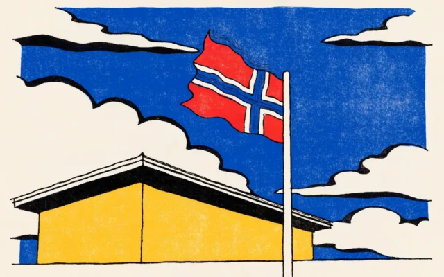 Illustrasjon av et norsk flagg på flaggstang foran et gult hus