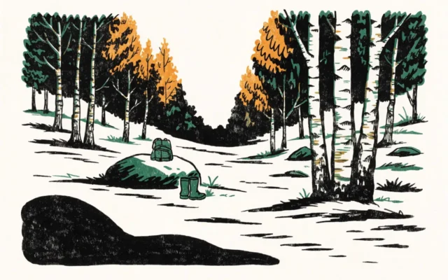 Illustrasjon av en høstskog med gule bjørker og gummistøvler