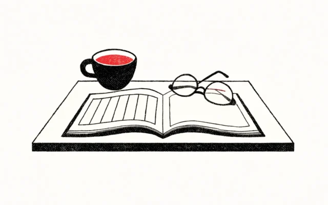 Illustrasjon av en åpen ukeplanlegger med kaffekopp og briller